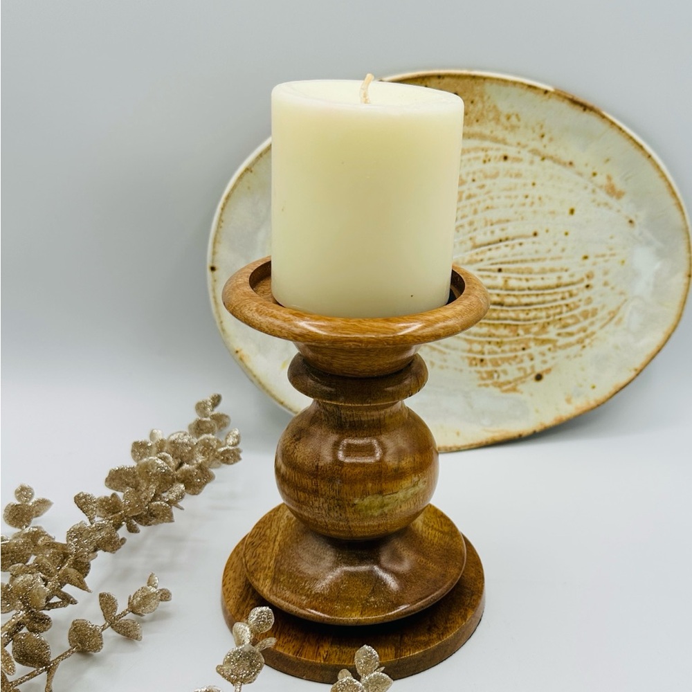 Pottery Barn Fruitwood Natural Candle Holder.